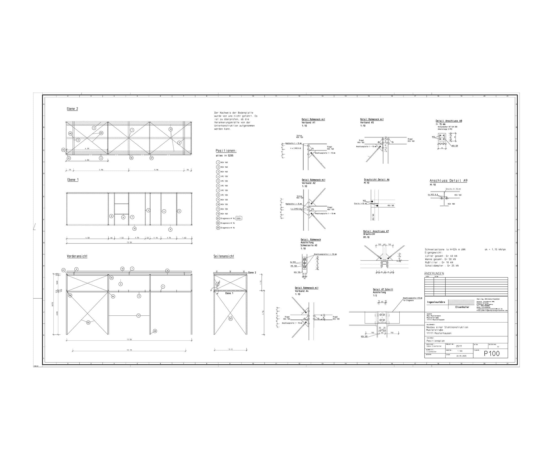 Positionsplan einer Stahlbaukonstruktion
